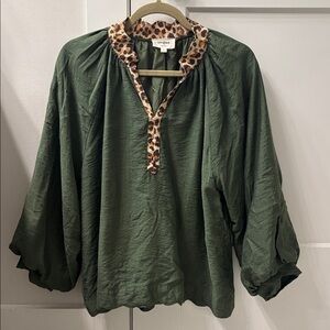 Umgee Forest Green Blouse with Leopard Accent